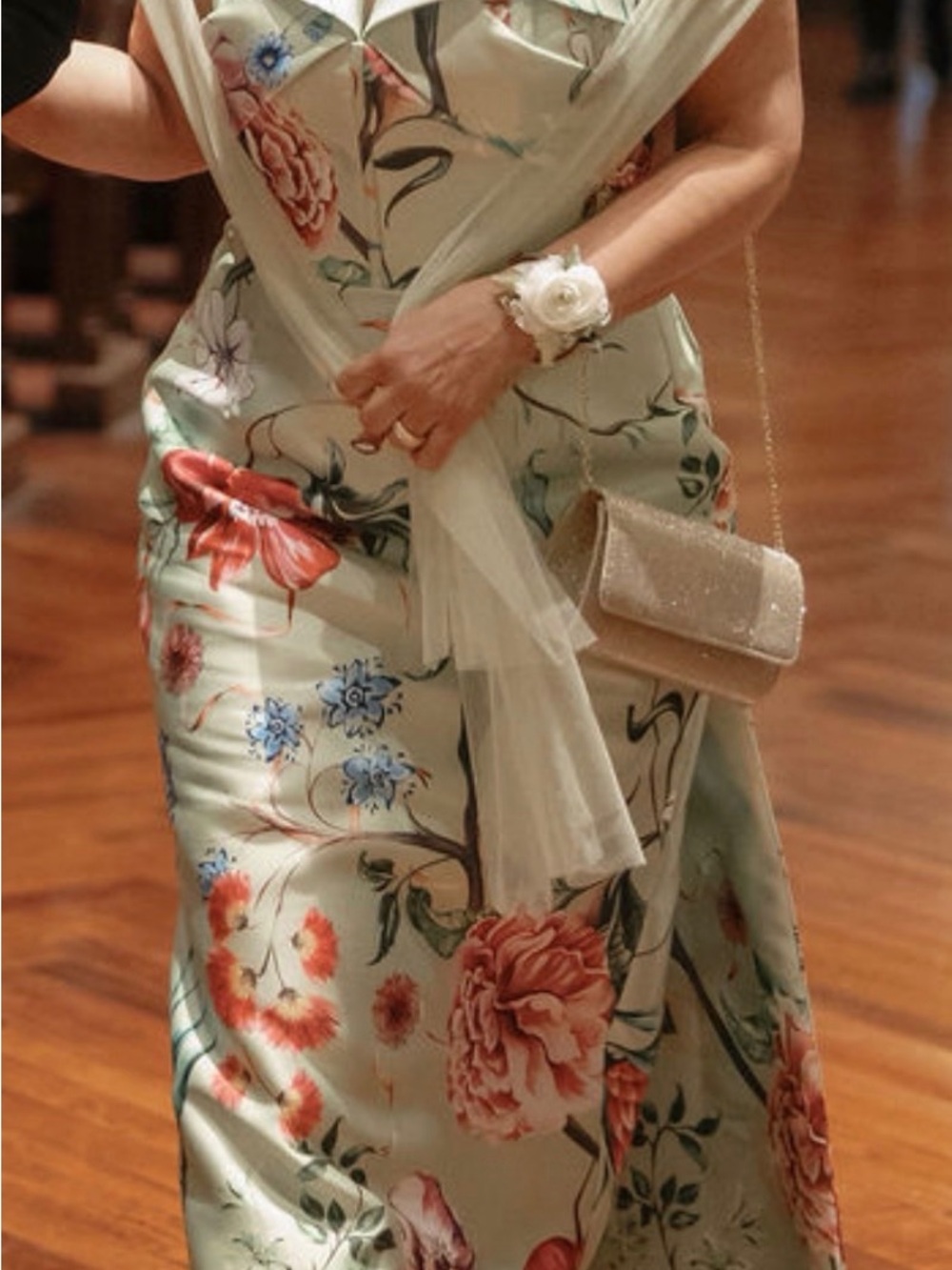 Elegant Floral Satin Wedding Guest Dress in Pale Green